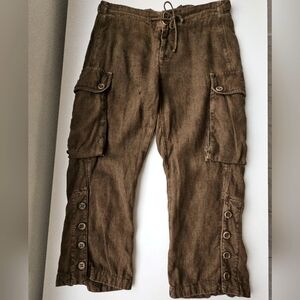 Traffic Par•Such Italy Cocoa Brown Dyed Linen Drawstring Fatigued Cargo Pants
